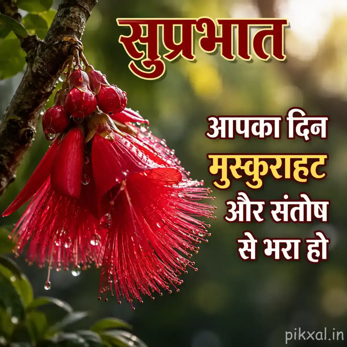 Red flower with long fringed petals and prominent stamens growing beside green leaves and a Hindi morning wish