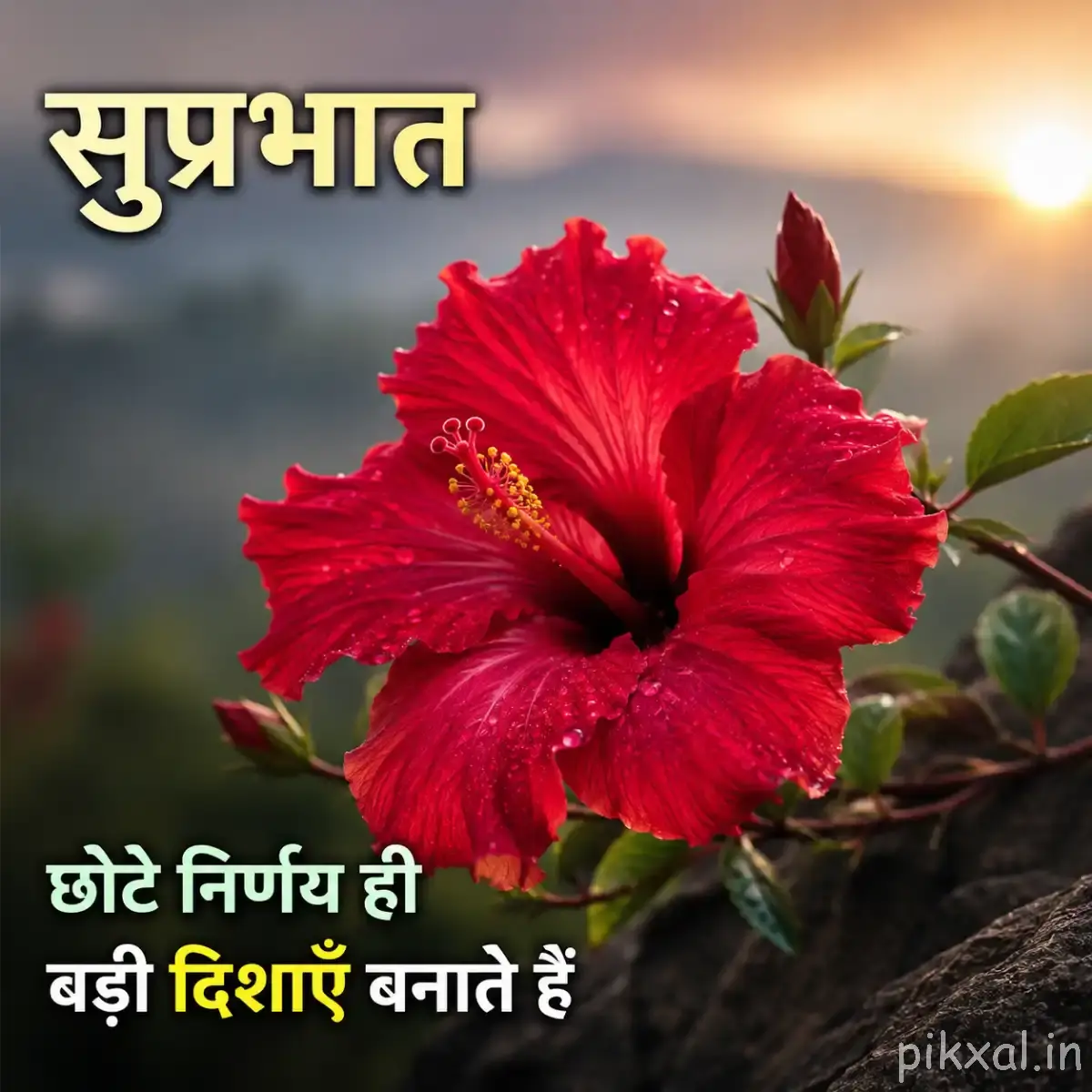 Large red flower with deeply ruffled petals and prominent stamens against a softly blurred outdoor background