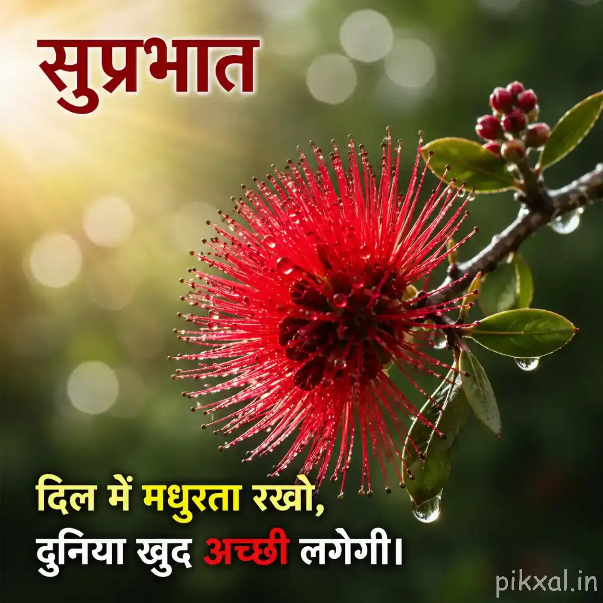 Round red flower with densely fringed petals growing on a leafy branch against warm blurred light