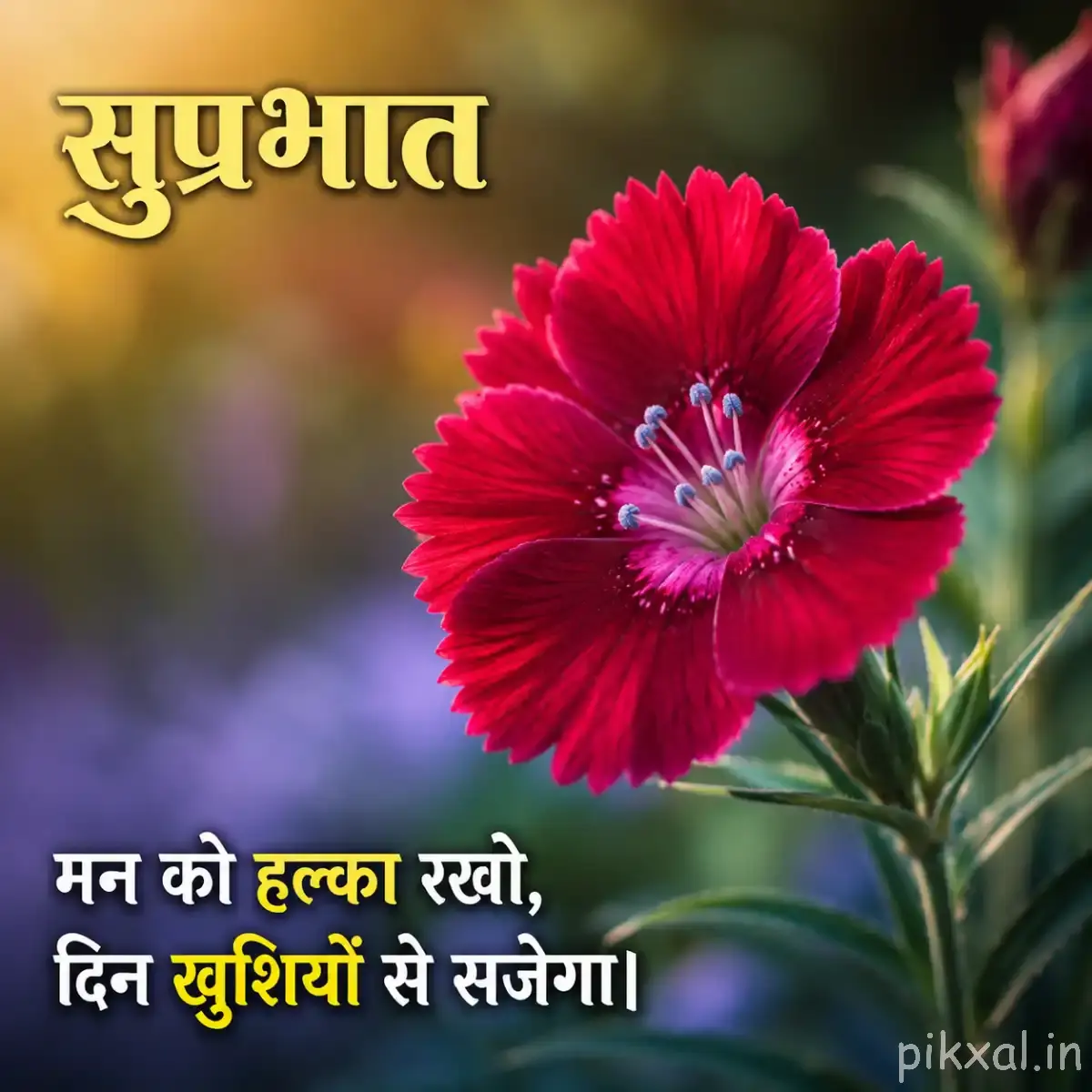 Bright red flower with densely ruffled petals and a pink center surrounded by green foliage