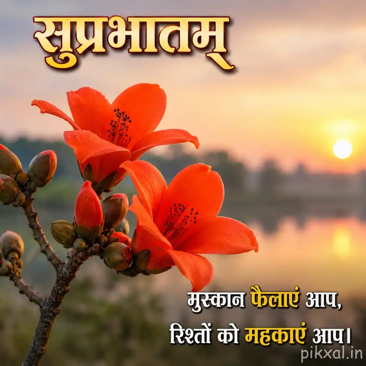 Orange redish flowers with broad petals growing along a woody branch beside calm water at sunset