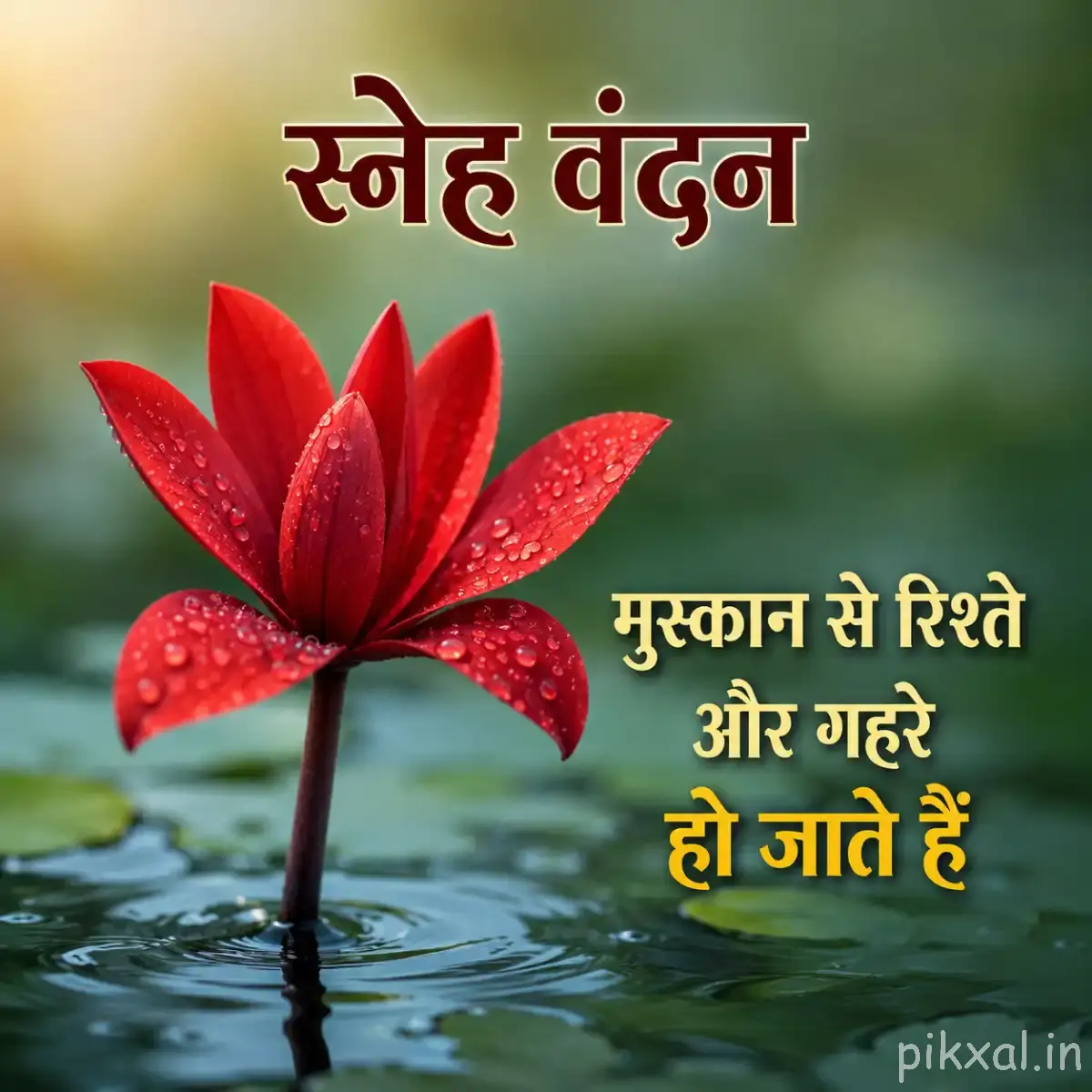 Single red flower with narrow pointed petals and a dark center rising above green leaves