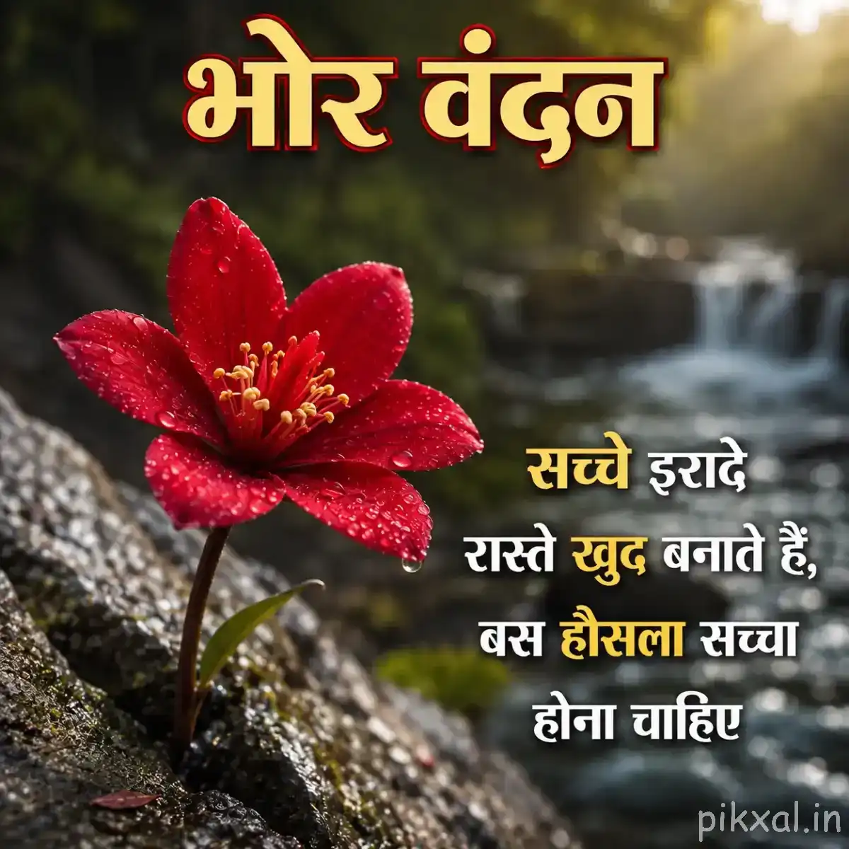 Red flower with rounded petals and prominent yellow stamens growing beside wet rocks and water