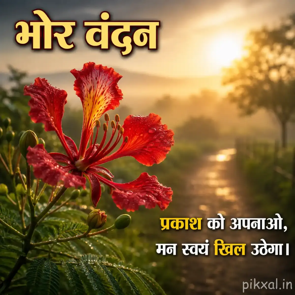 Red flowers with ruffled petals and prominent stamens on a leafy branch beside a sunlit path