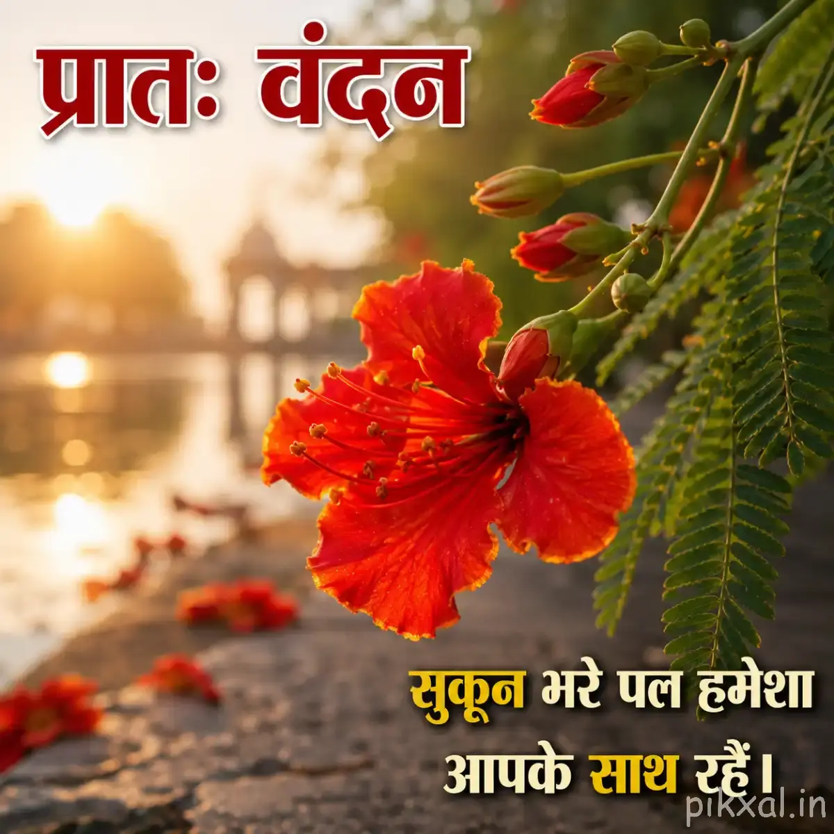 Red flower with ruffled petals and prominent stamens beside a calm river and leafy greenery