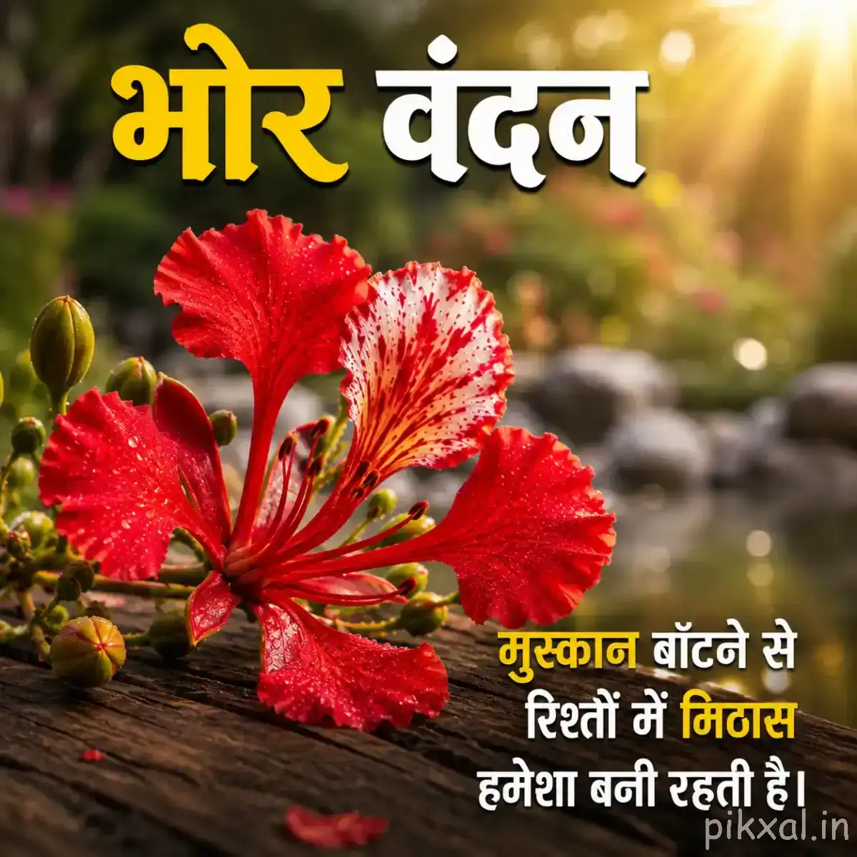 Red striped flowers with buds on a branch and a Hindi morning quote