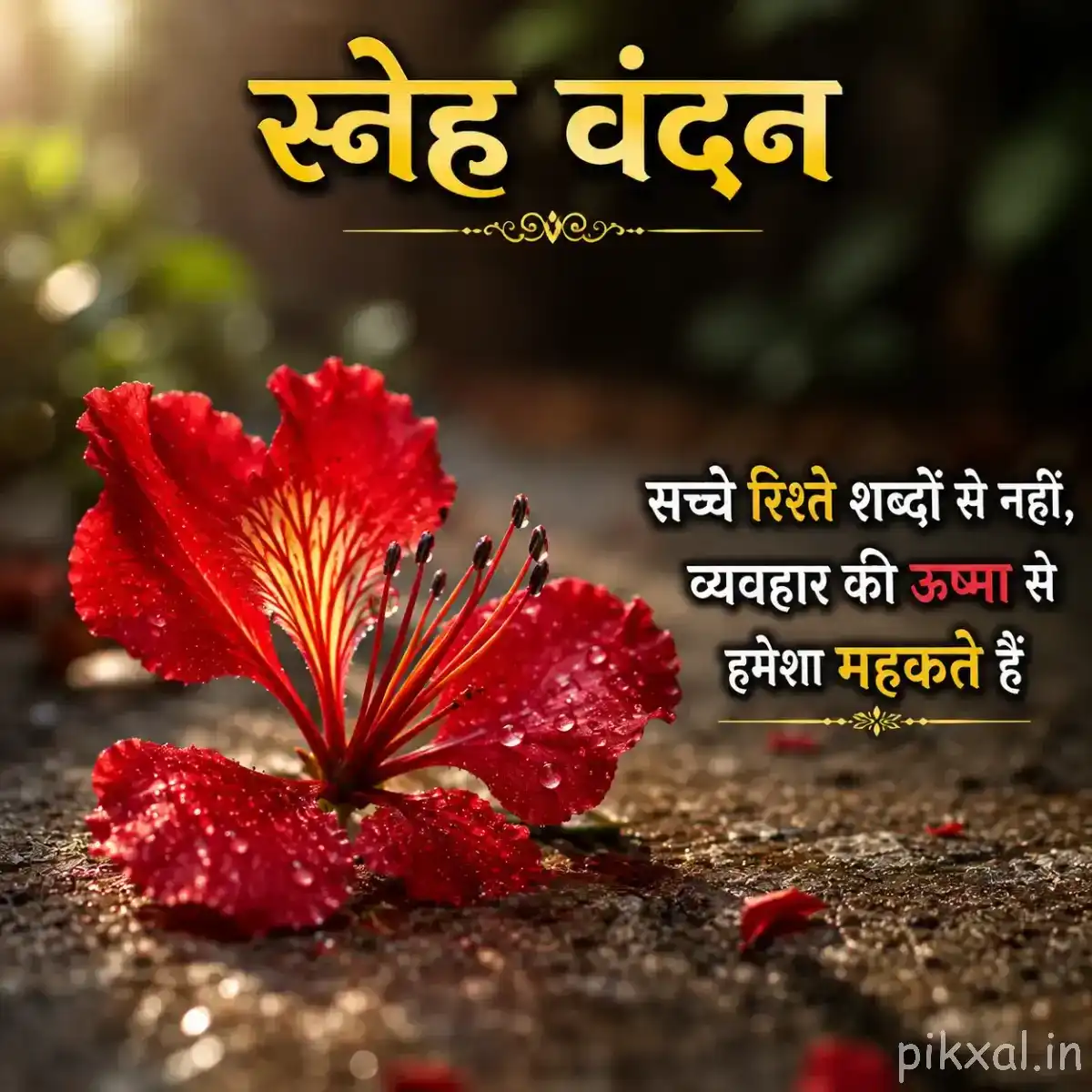 Red flower with finely ruffled petals and prominent stamens resting among wet rocks and green foliage