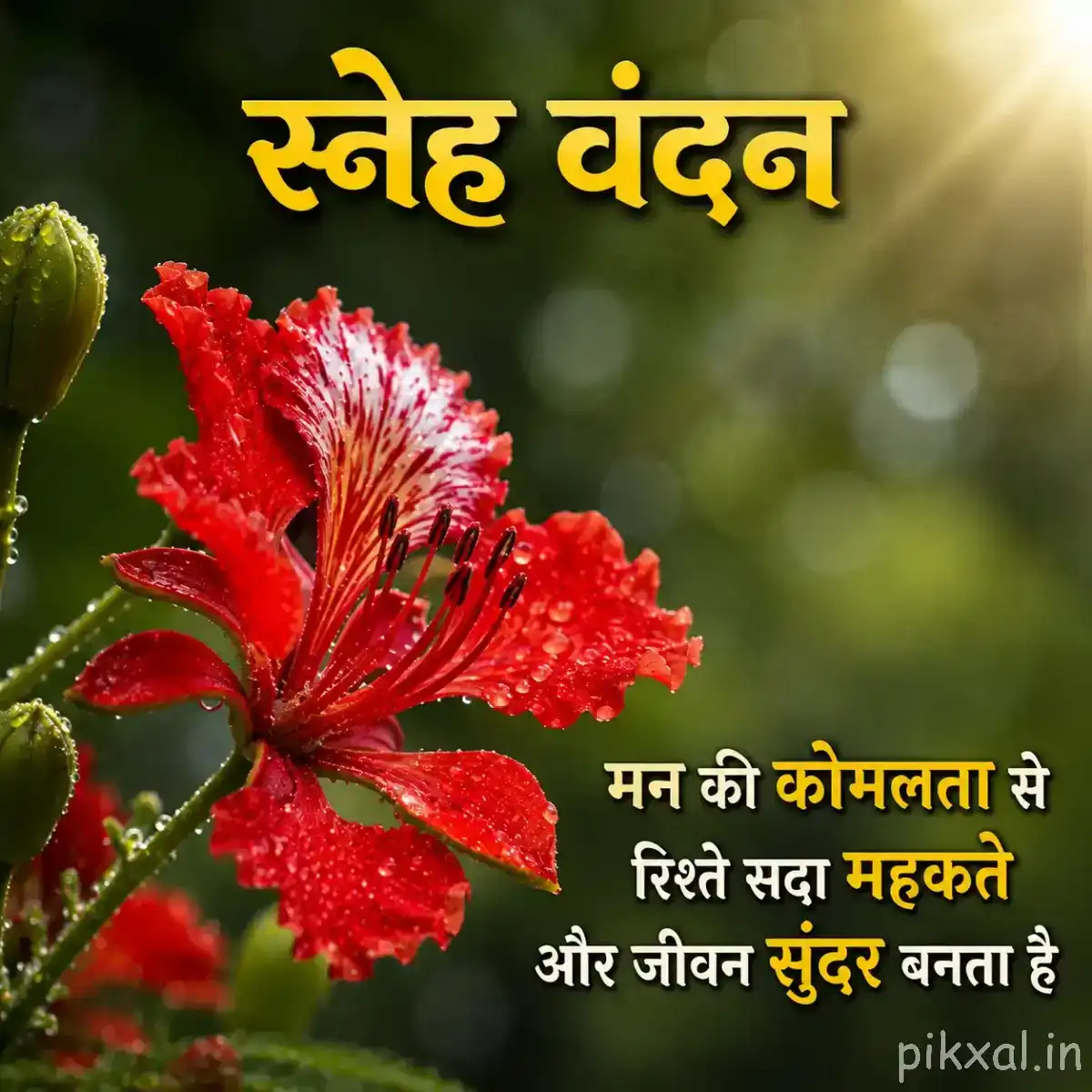 Red flowers with ruffled petals and prominent stamens on a leafy branch against softly blurred greenery