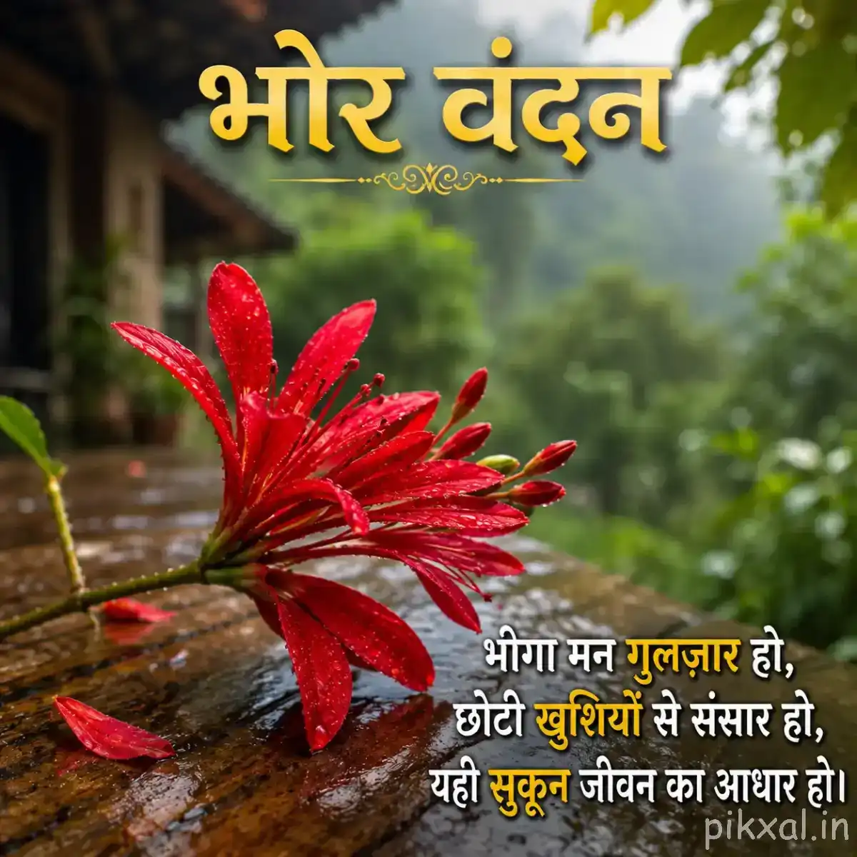 Several red flowers with long narrow petals arranged along a woody branch against blurred greenery