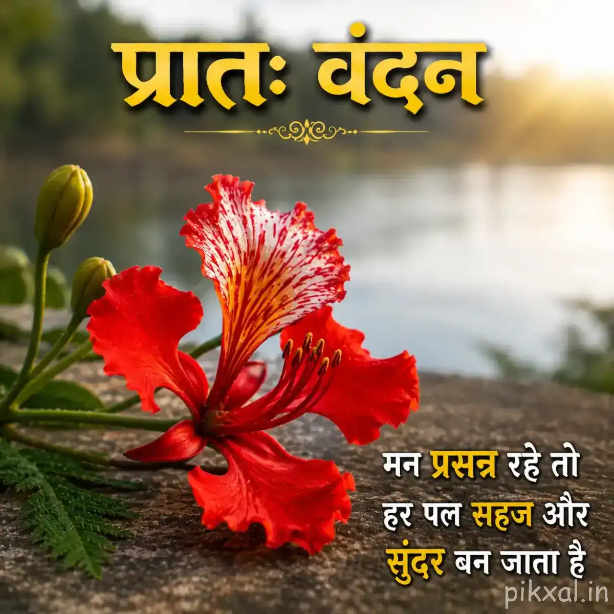 Red flowers with ruffled petals and prominent stamens growing among green leaves beside a rustic background