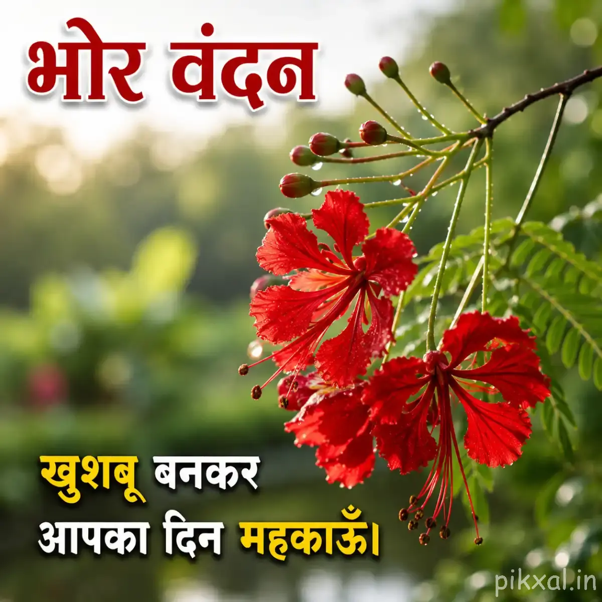 Several red flowers with ruffled petals and prominent stamens hanging from a leafy branch