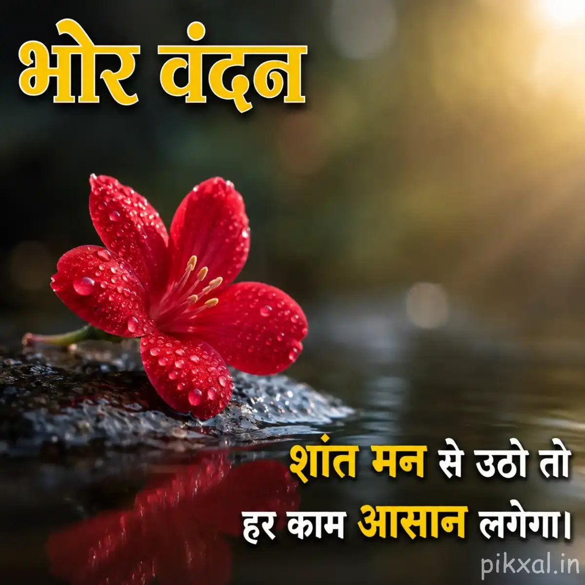 Small red flower with rounded petals resting beside calm water and wet rocks