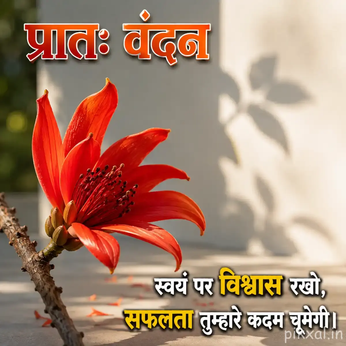 Orange-red flower with long pointed petals growing along a woody branch against a pale wall