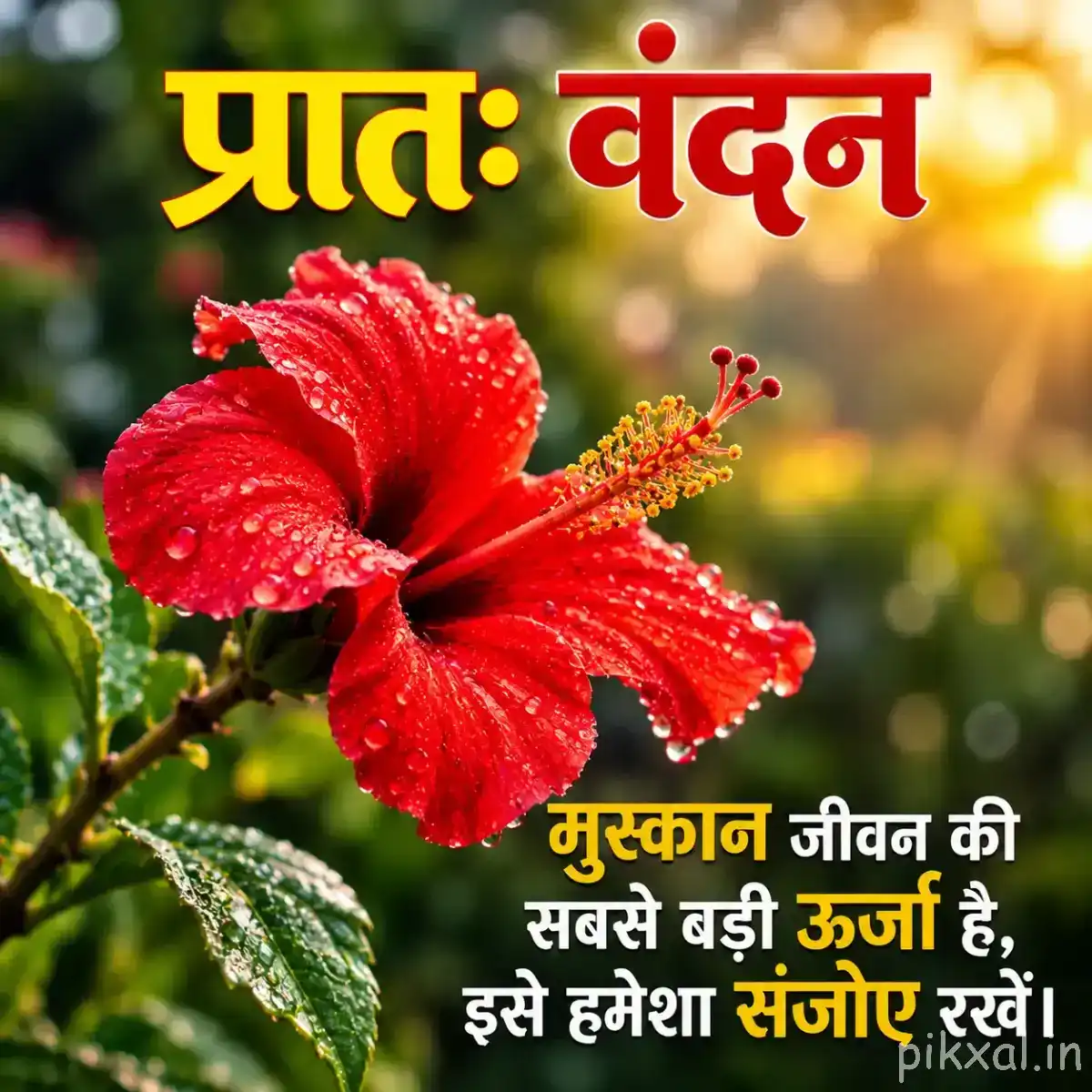 Bright red flower with green leaves and visible water droplets
