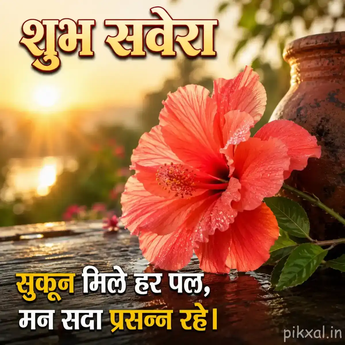 Pinkish-red flower with green leaves and a Hindi morning message