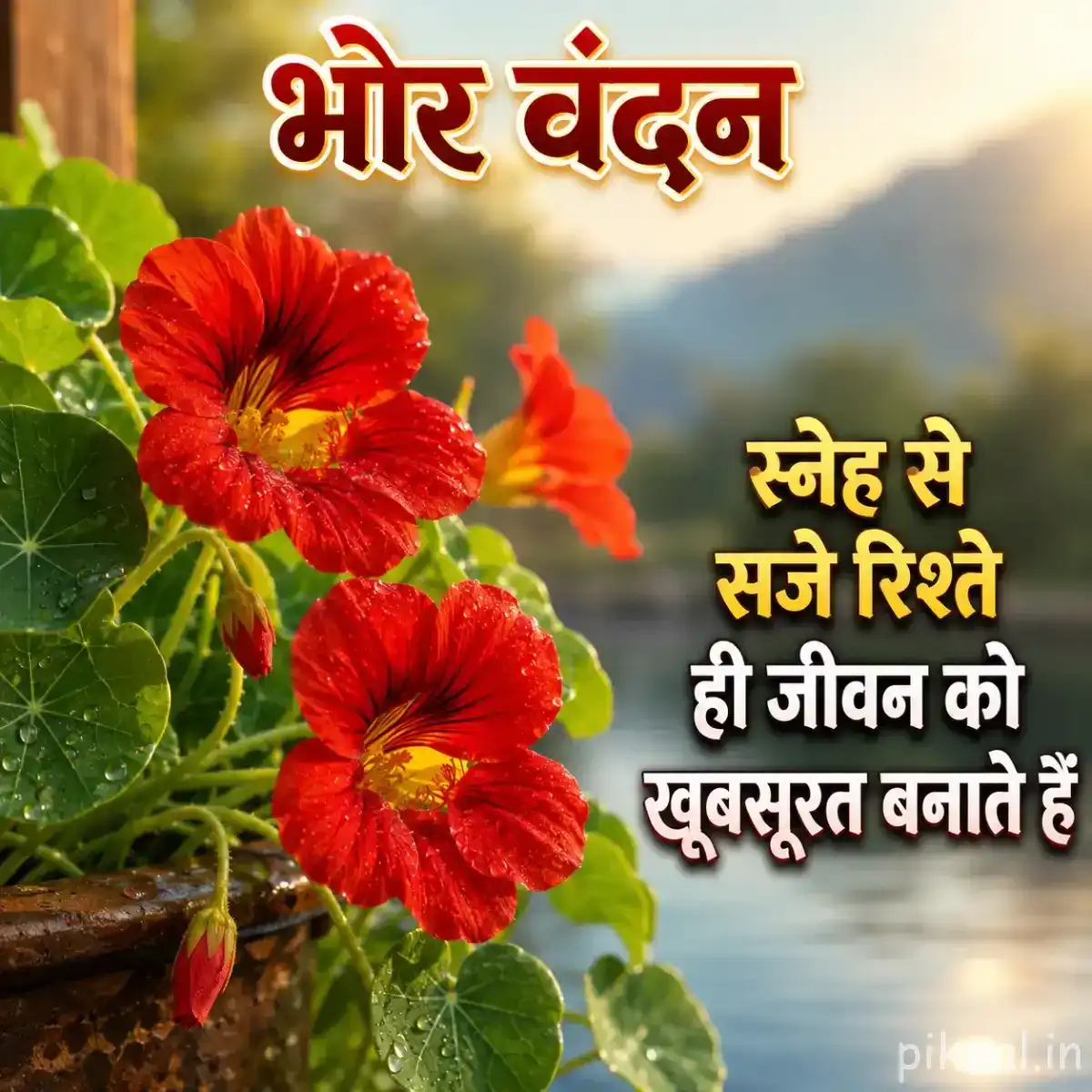 Red flowers with green leaves and a Hindi morning quotes