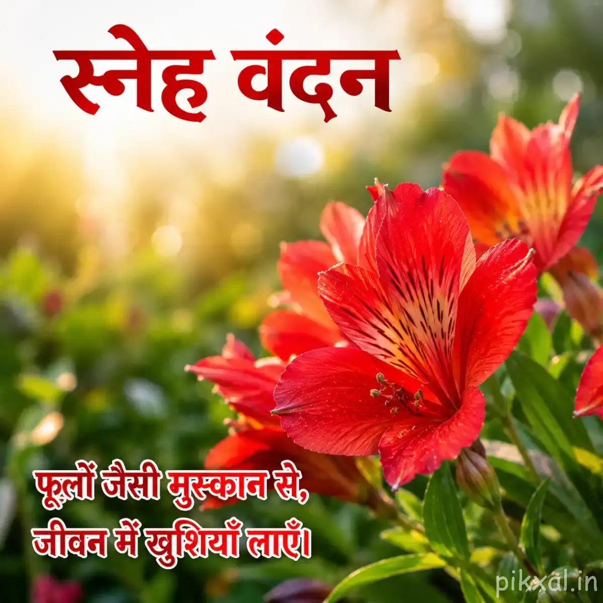 Red flower with striped petals, green leaves, and a Hindi morning message