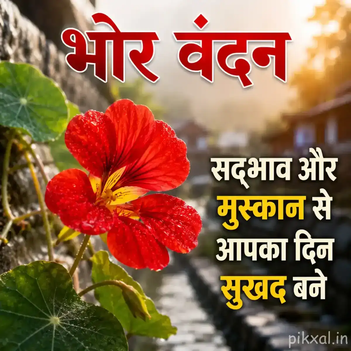 Red flower with green leaves and a Hindi morning wishes