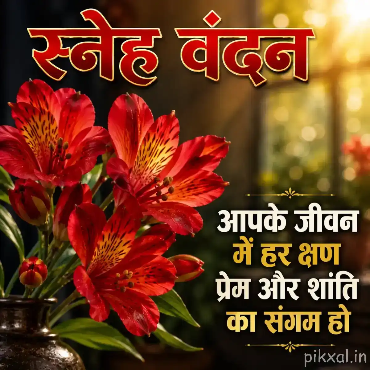 Red flowers with green leaves and a Hindi morning message
