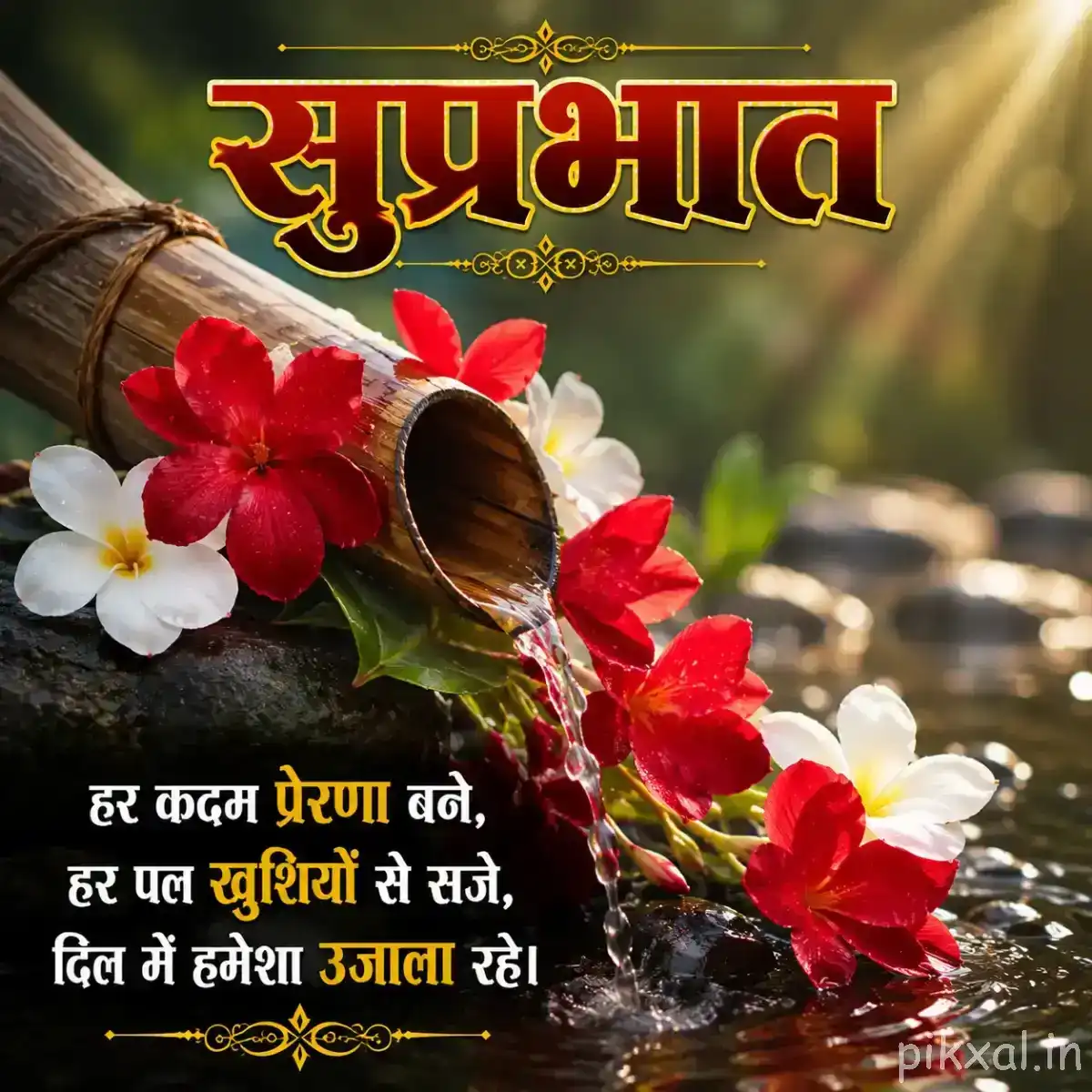 Red and white flowers arranged around a rustic wooden container with green foliage and a Hindi morning wish
