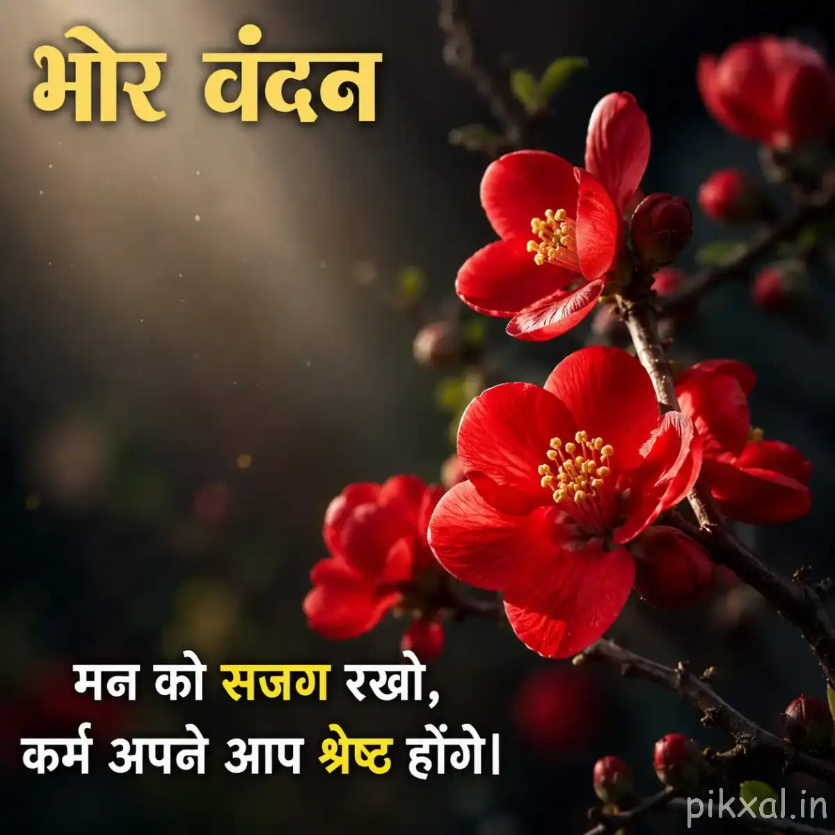 Two red flowers with yellow stamens against dark blurred foliage, accompanied by a Hindi morning message