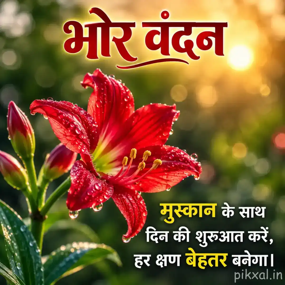 Red flowers with long narrow petals and prominent stamens on leafy stems against warm morning light