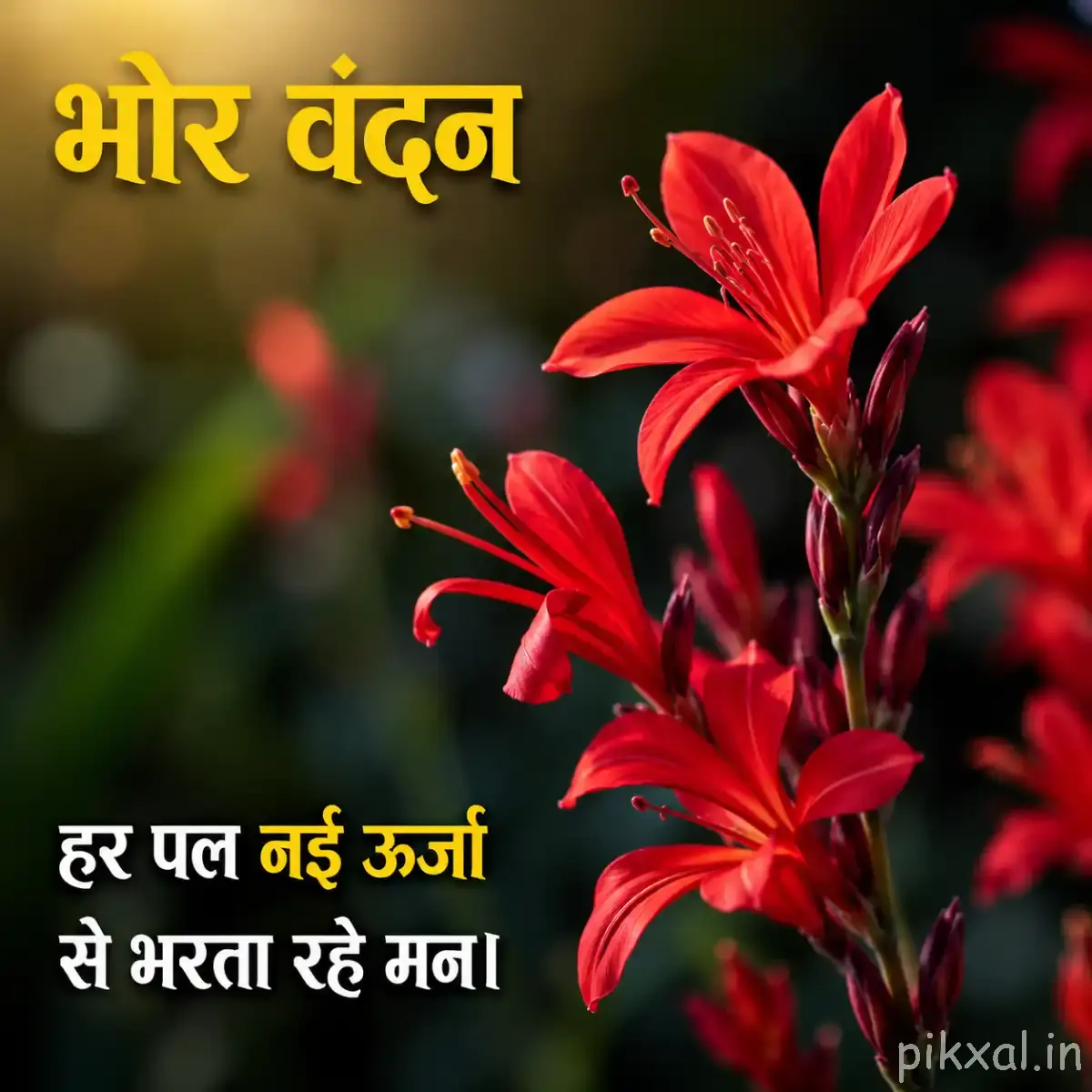 Several red flowers with long pointed petals arranged along leafy stems against a dark blurred background