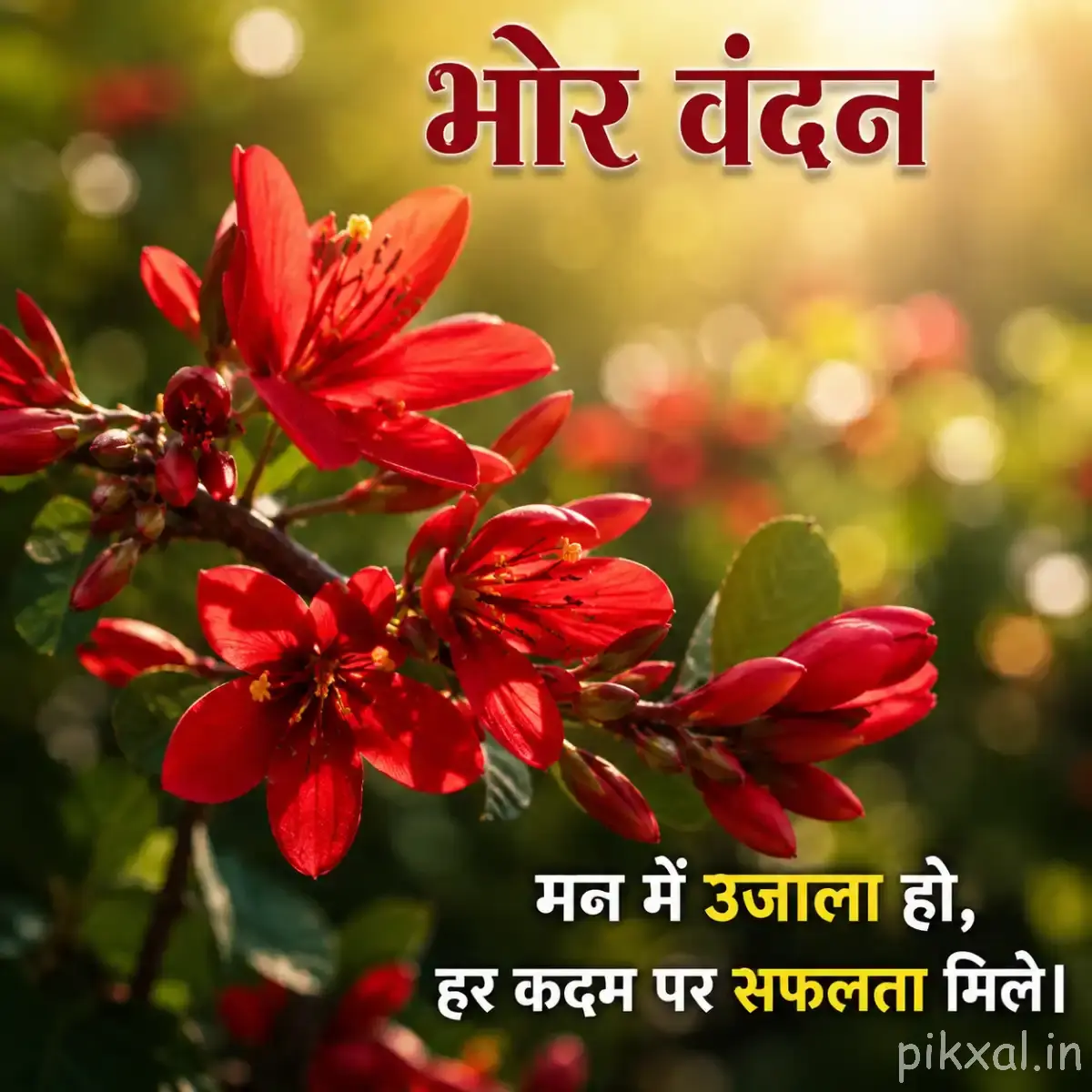 Red flowers and unopened buds on a leafy branch against softly blurred golden garden light