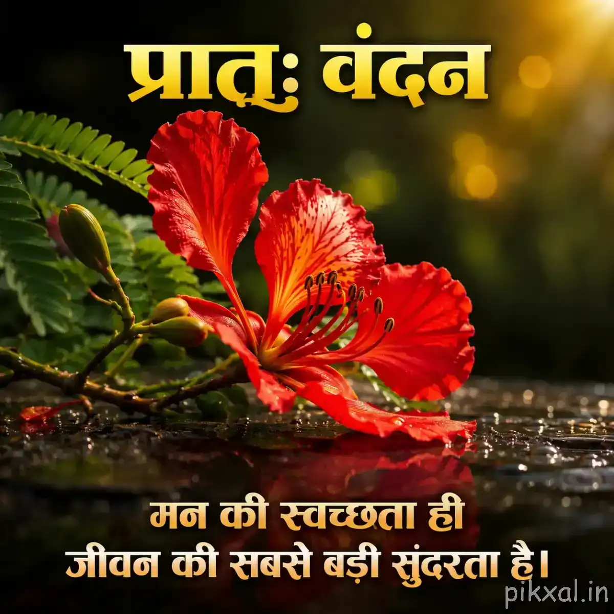 Red flowers with ruffled petals arranged beside wet rocks and water, surrounded by green foliage