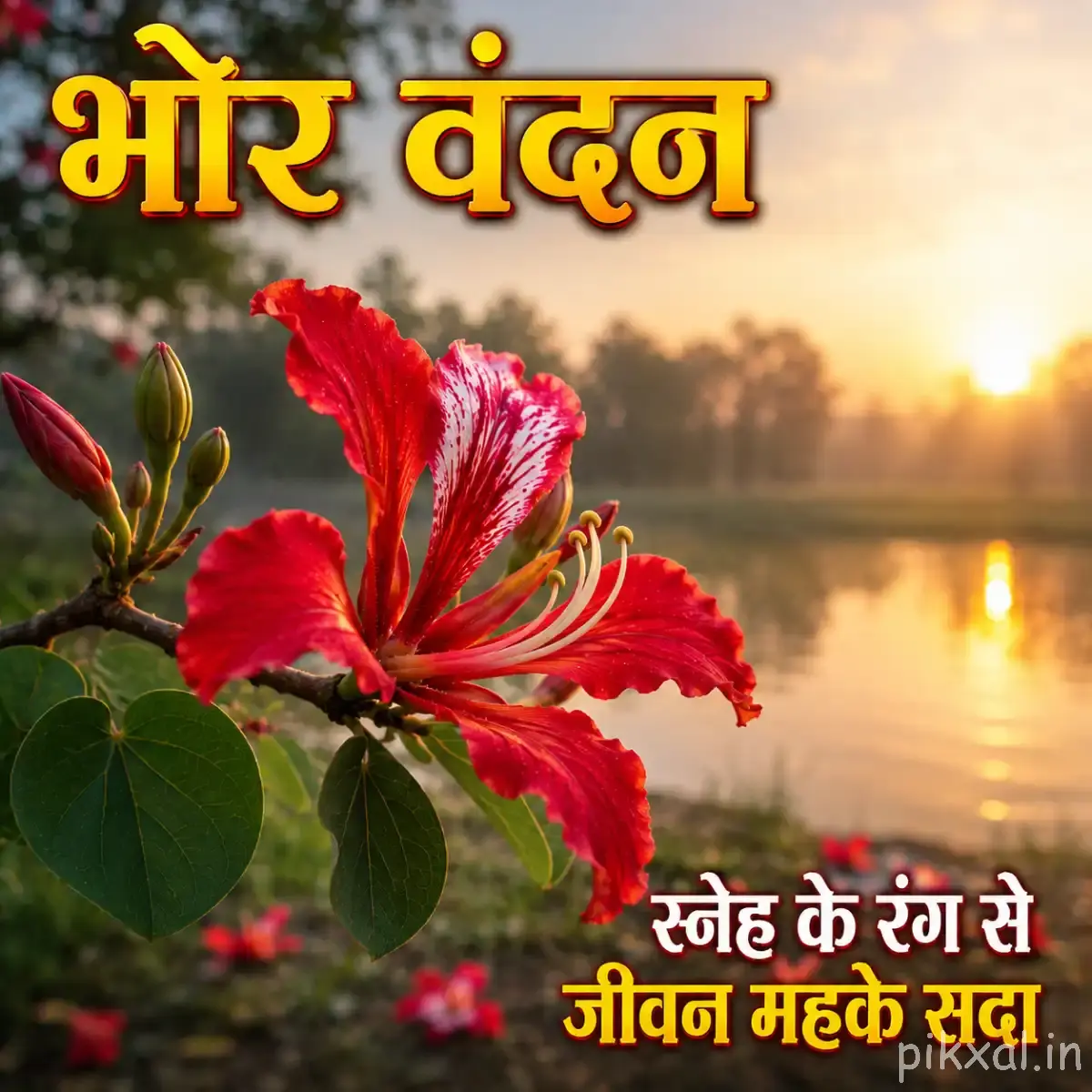 Red flowers with ruffled petals and prominent stamens beside calm water, with a Hindi morning wish