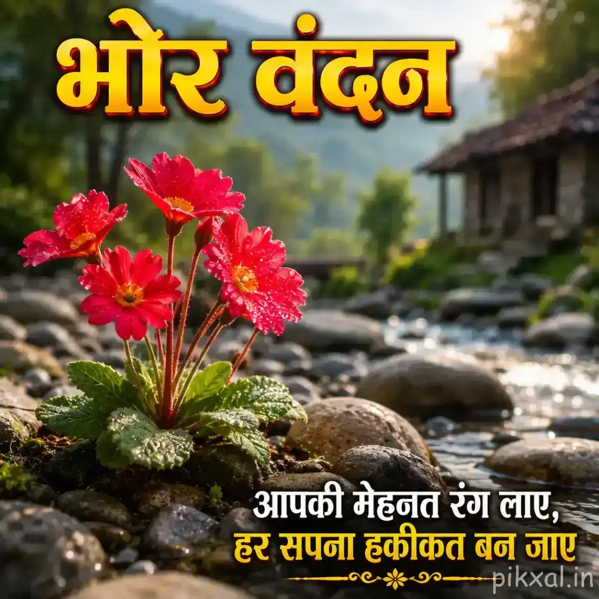 Small red flowers growing among rocks beside a shallow stream, with green leaves and a Hindi morning wish