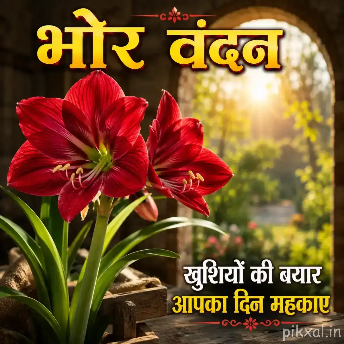 Two large red flowers with layered petals growing upright in a decorative pot among green leaves