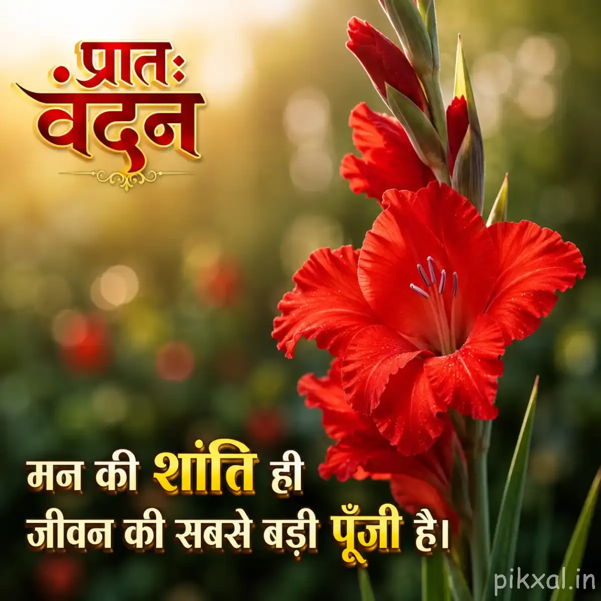 Large red flower with ruffled petals and prominent stamens on a leafy stem, with a Hindi morning wish