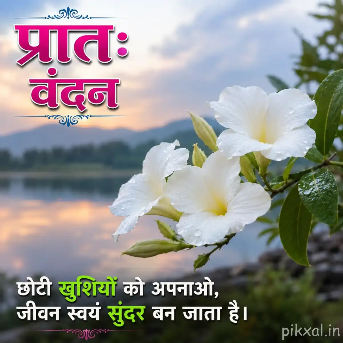 White flowers with green leaves and a Hindi morning wish