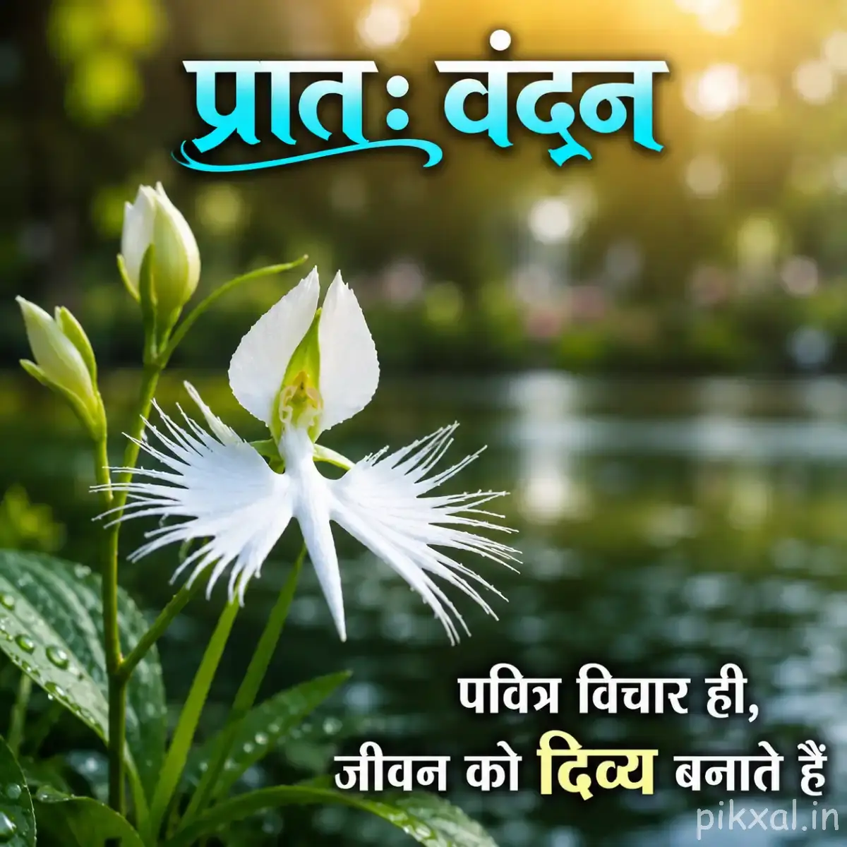 White with long stamens and green leaves with a Hindi wish
