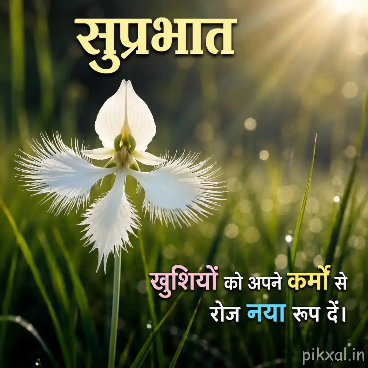 White flower with long stamens and green foliage with a Hindi Good Morning wish
