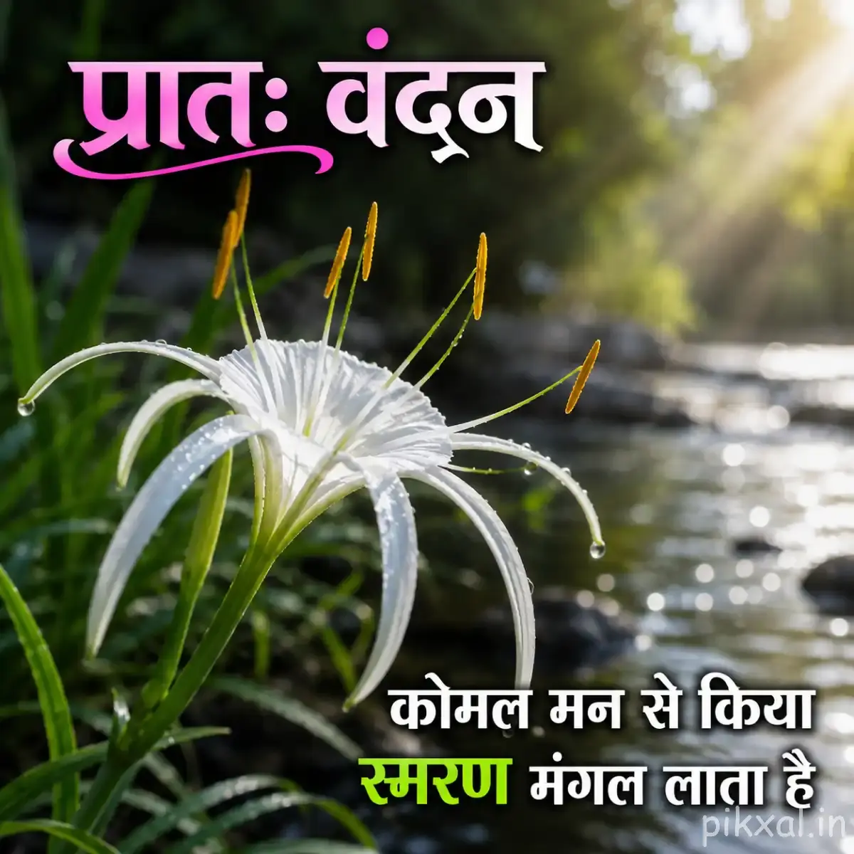 White spider lily with long stamens and a Hindi morning message