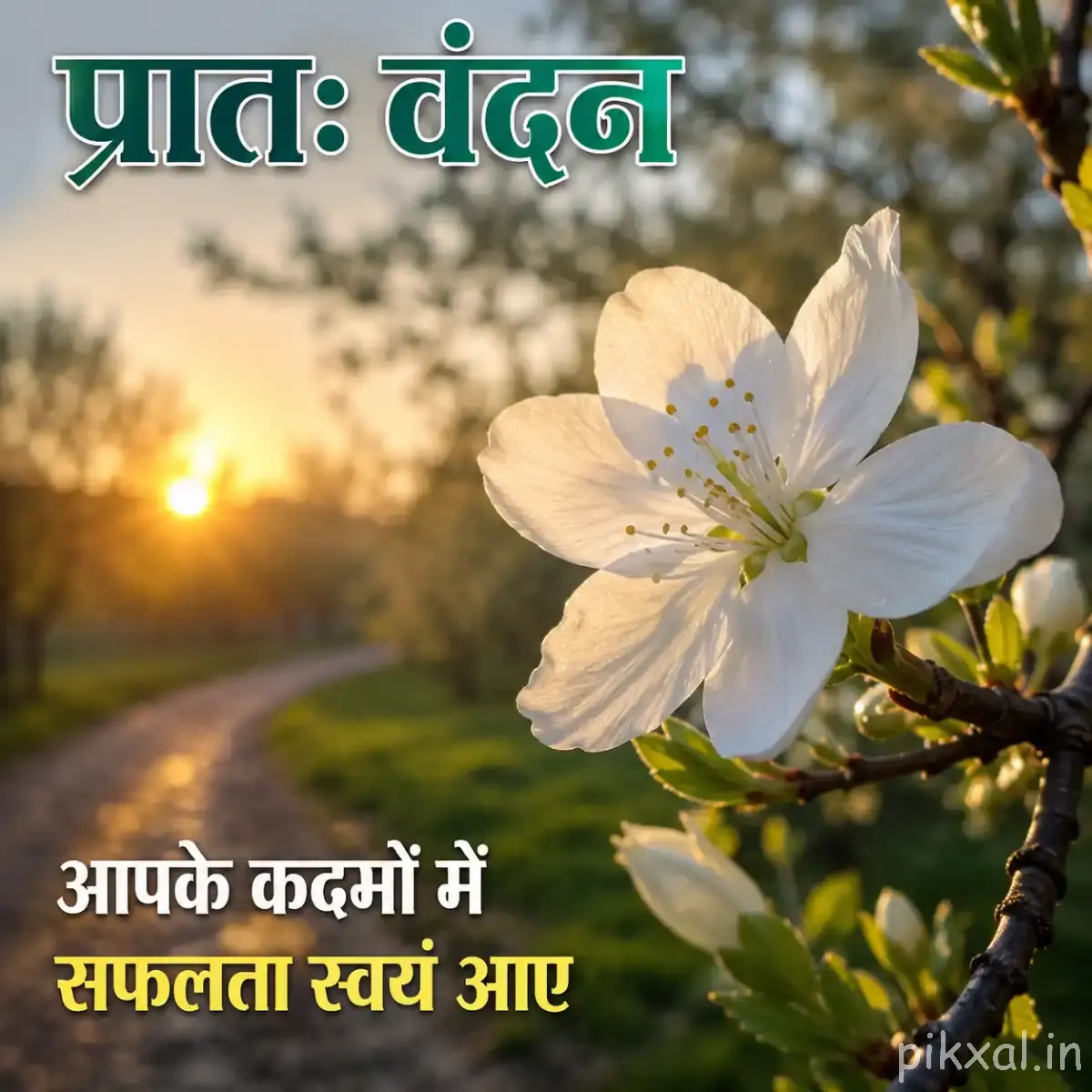 White flower with rounded petals on a leafy branch with a Hindi morning wish