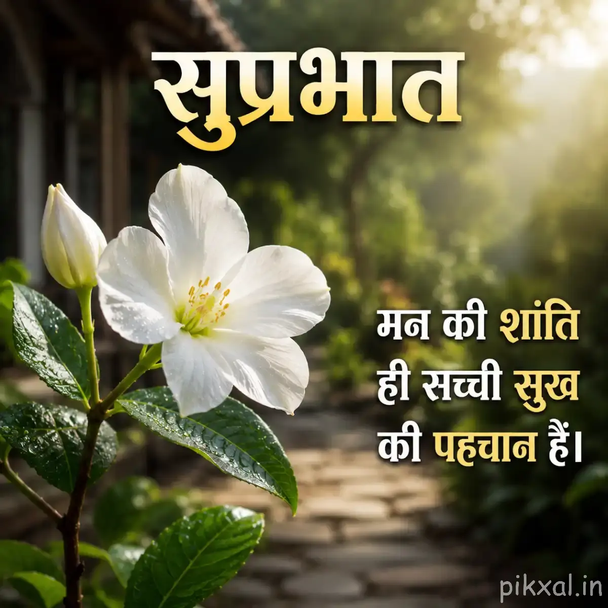 White flower with green leaves and a Hindi Good Morning message