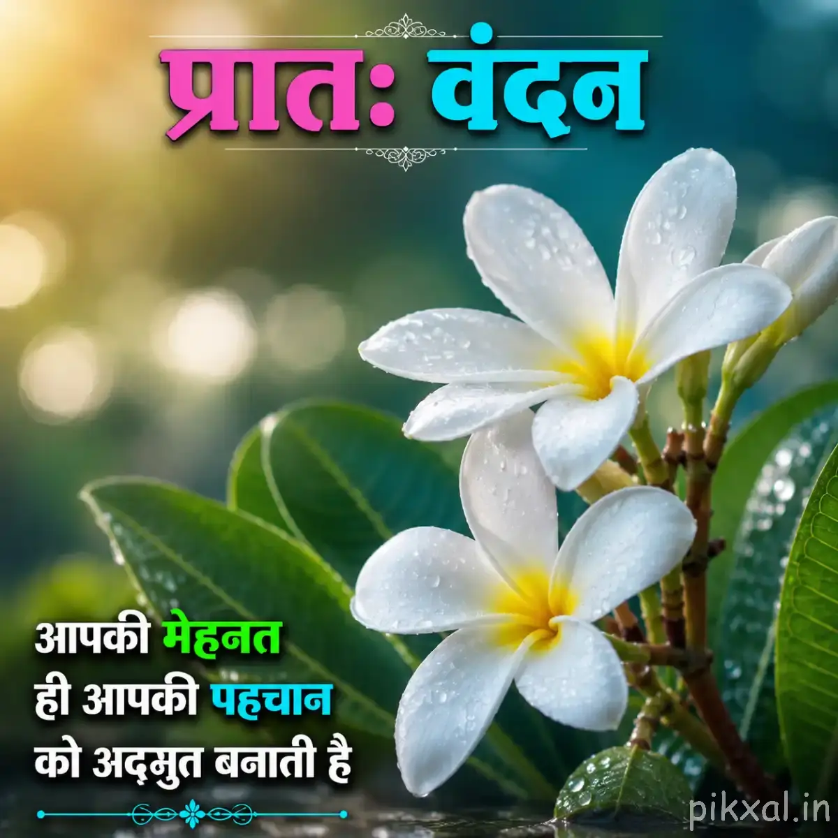 White Plumeria flowers with green leaves and a Hindi Good Morning message