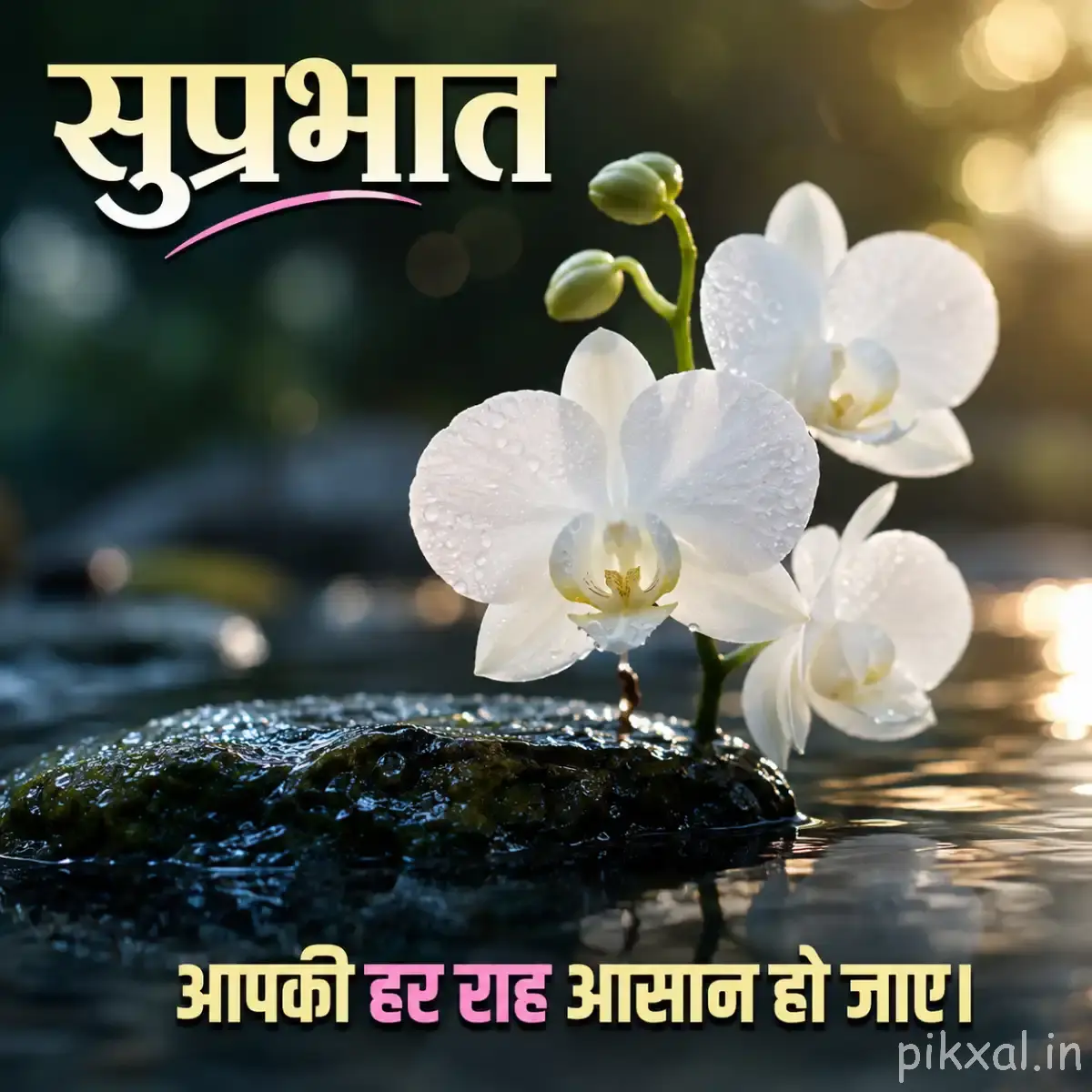 White flowers with green buds and a Hindi Good Morning message
