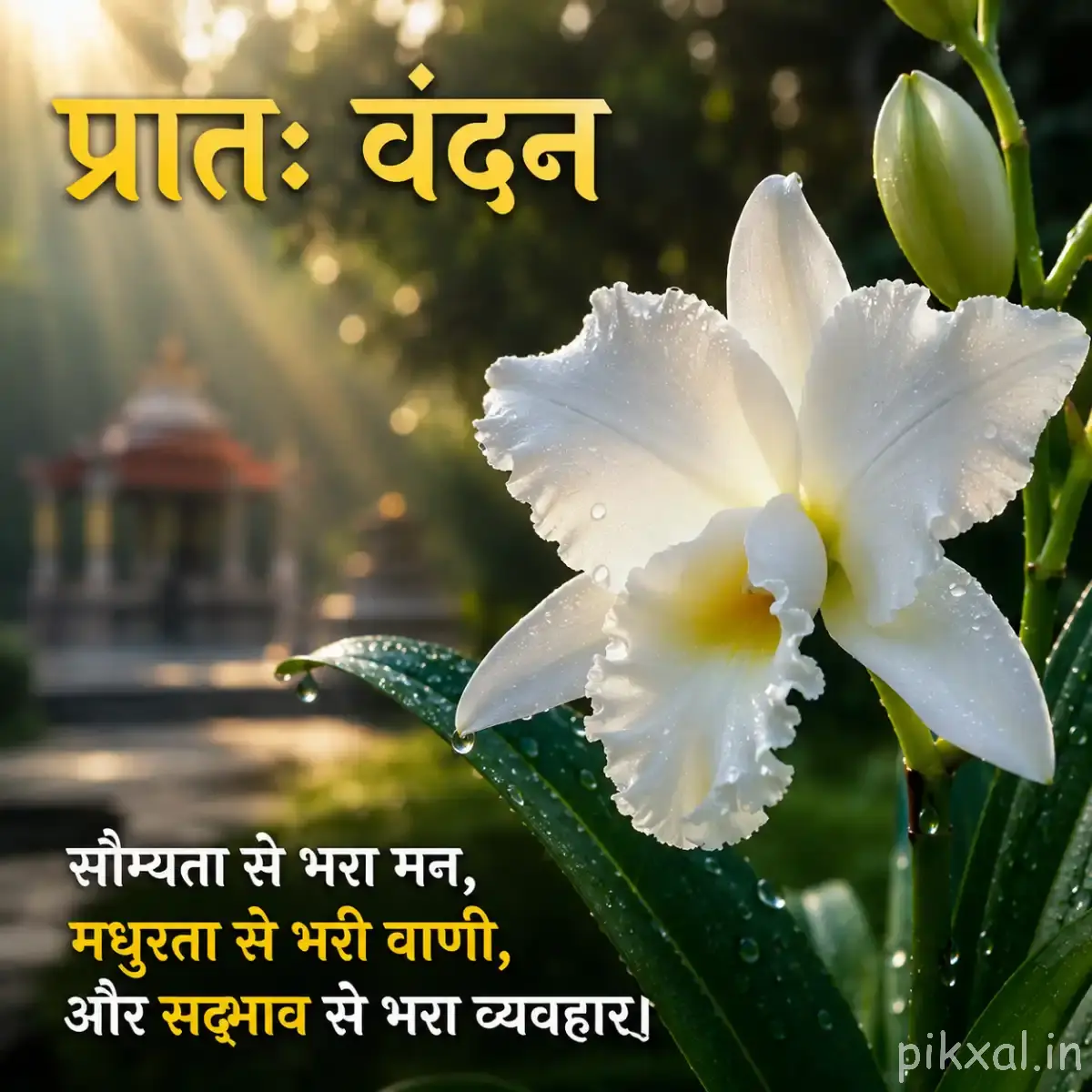 White flower with yellow center and green buds with a Hindi morning wish