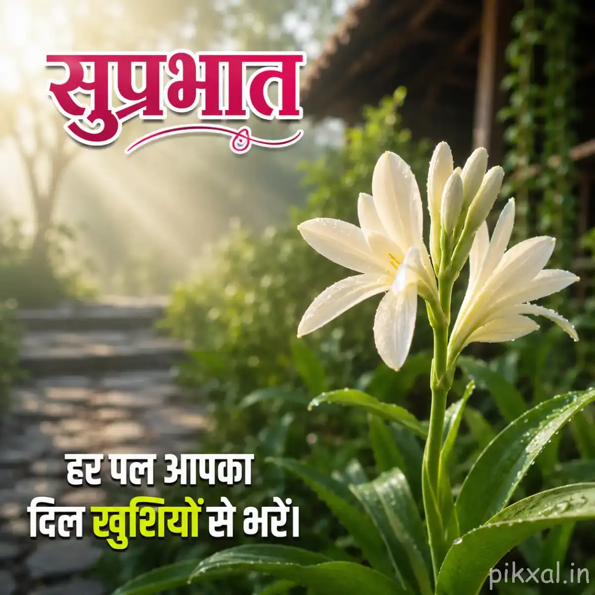 White fringed flower with green buds and a Hindi Good Morning wish