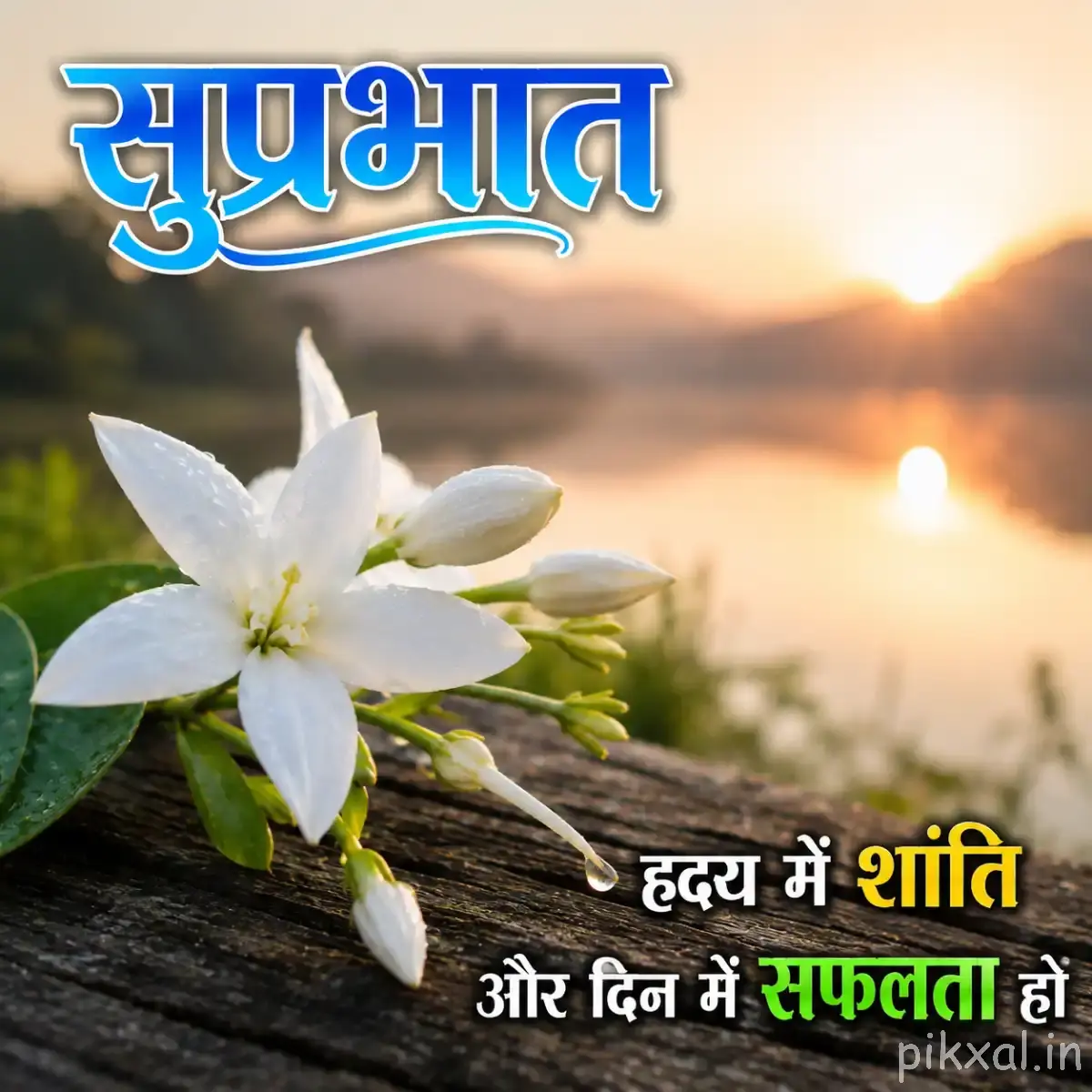 White flower with green leaves and a Hindi Good Morning message