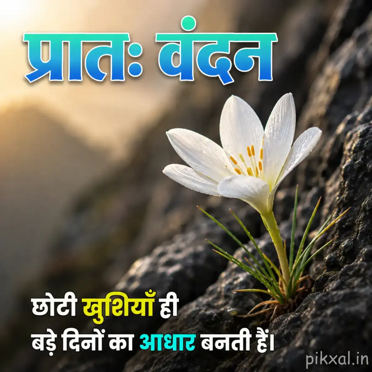 White flower on a rock and a Hindi Good Morning message