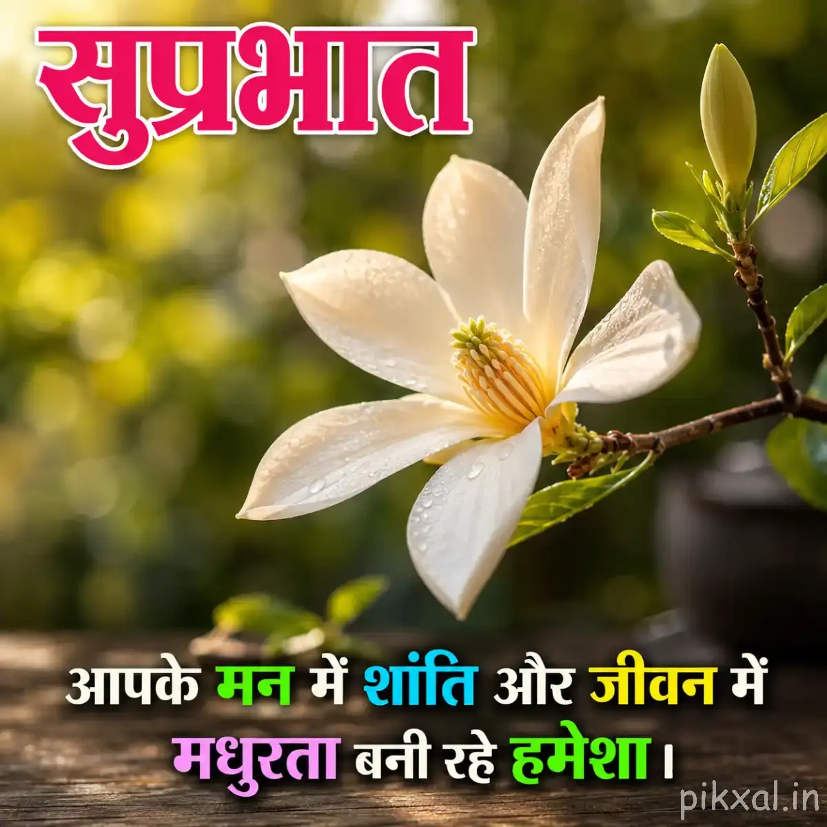 White magnolia-like flower with green leaves and a Hindi Good Morning wish