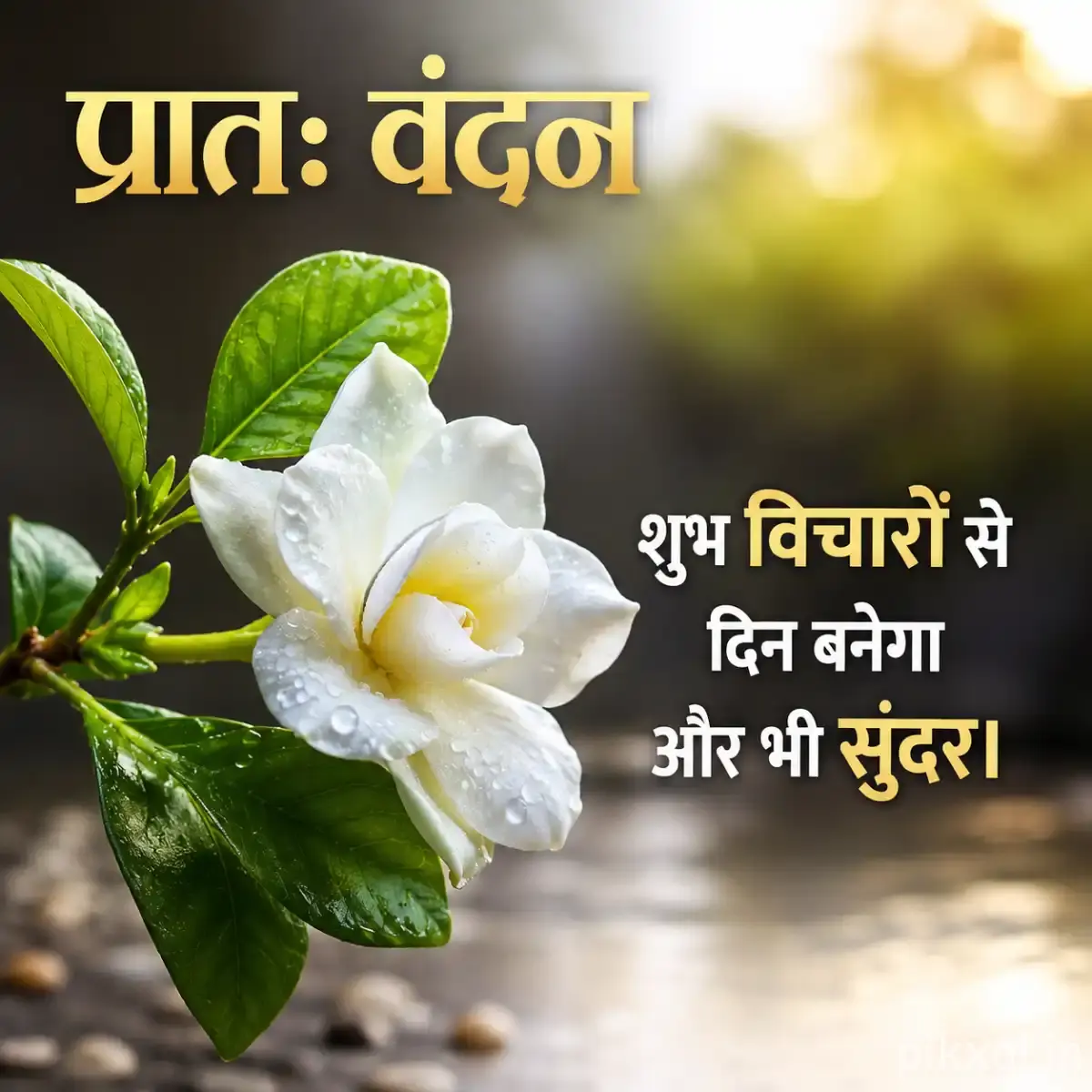White Plumeria flower with green leaves and a Hindi morning wish