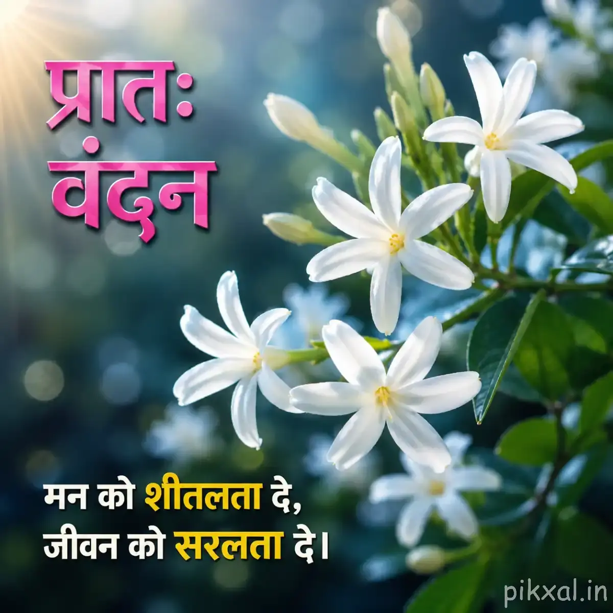 White Plumeria flowers with green leaves and a Hindi morning message