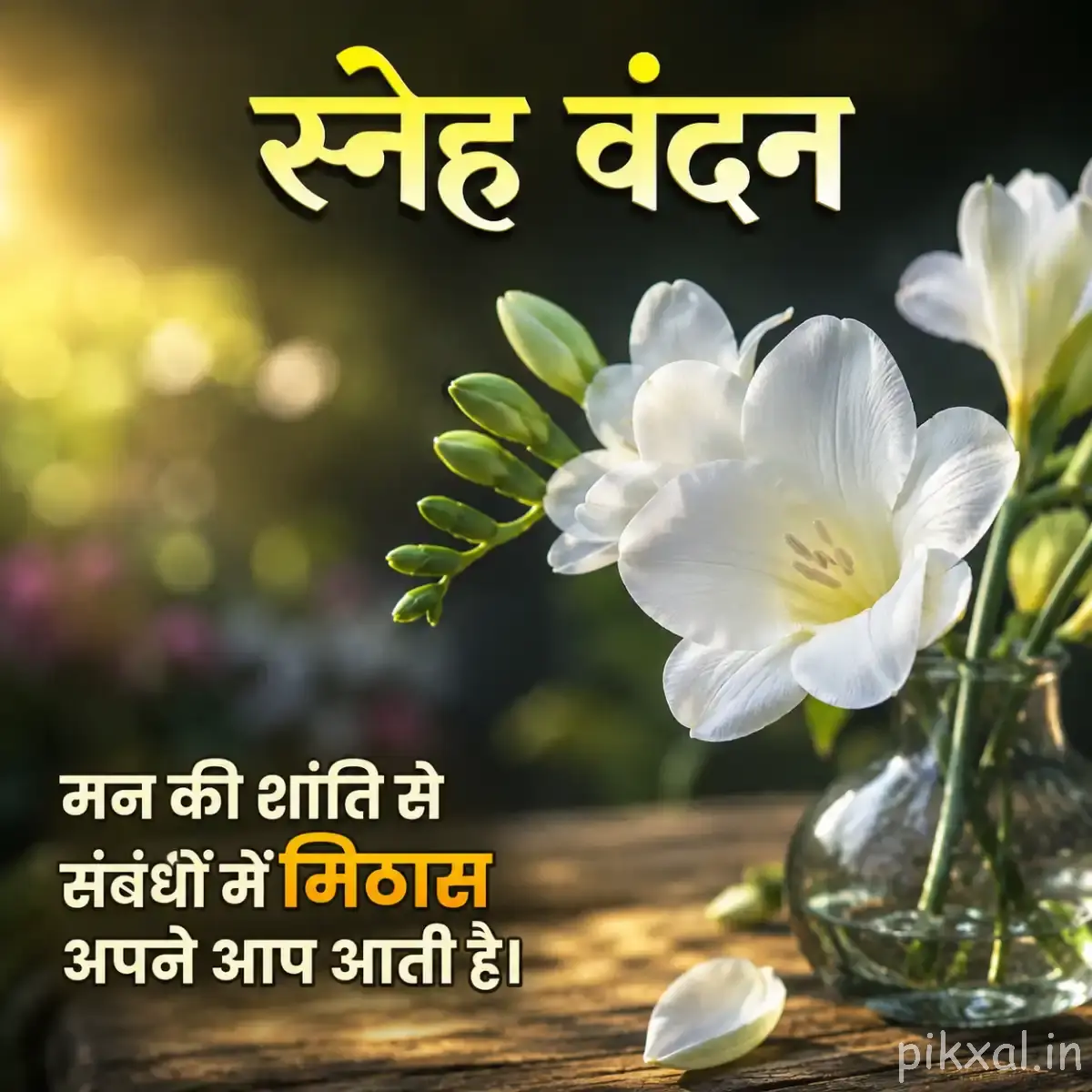 White flowers with green leaves and a Hindi morning quote