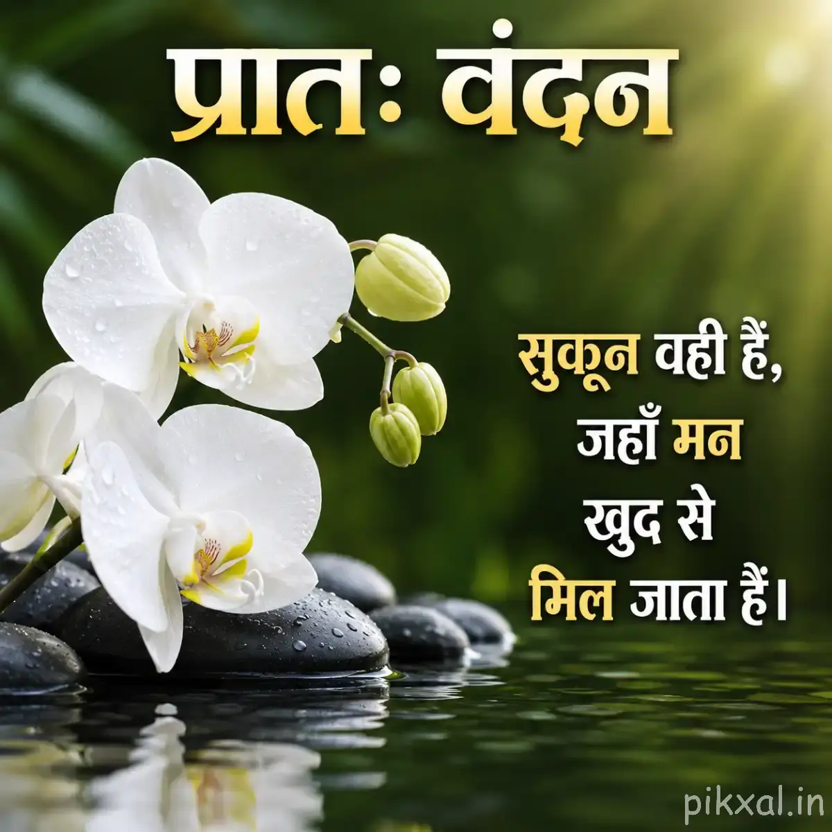 White flowers with unopened buds beside water and a Hindi wish